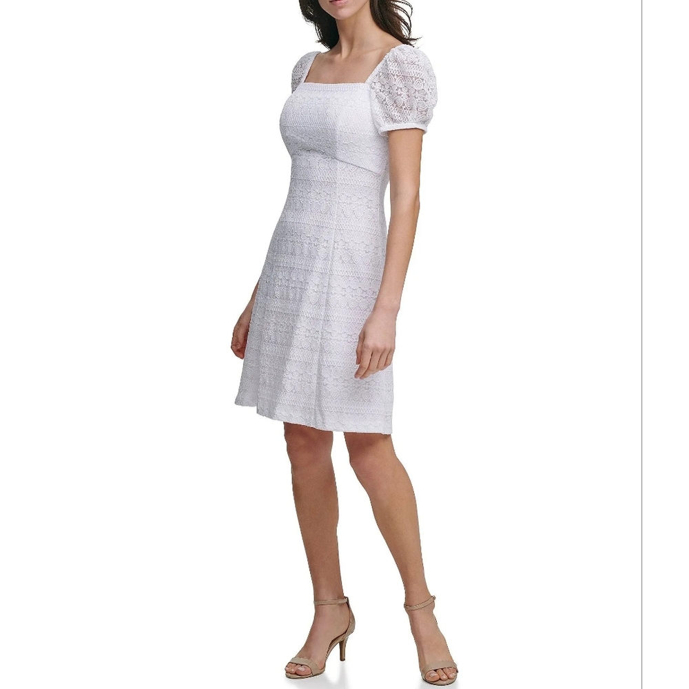 🆕️KENSIE Square Neck Puff Sleeve Geo Embroidery Lace A-Line Dress SZ 10 Medium